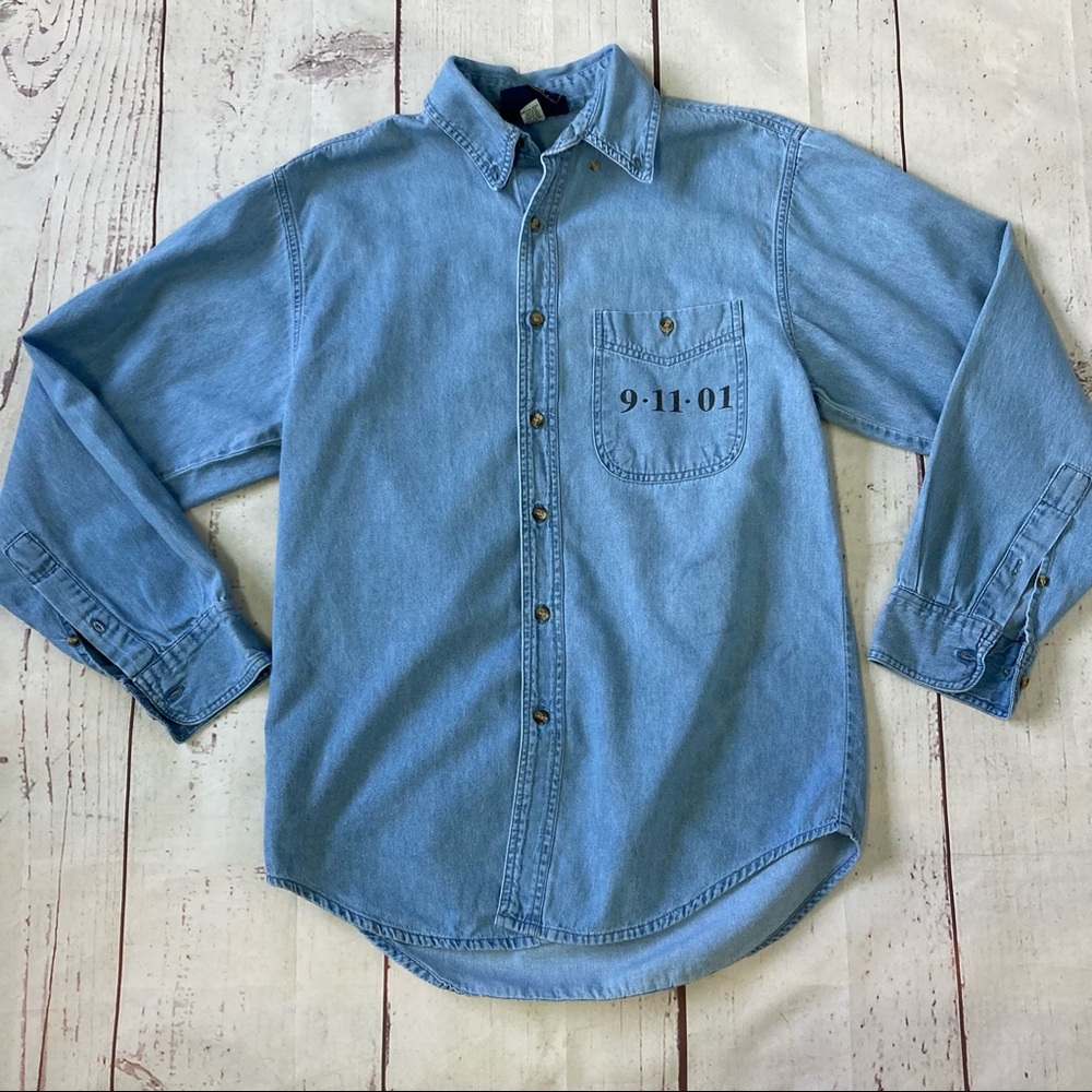 Paradise Point Sportswear Long Sleeve Denim Button Shirt 9/11 Theme 2001 Flawed